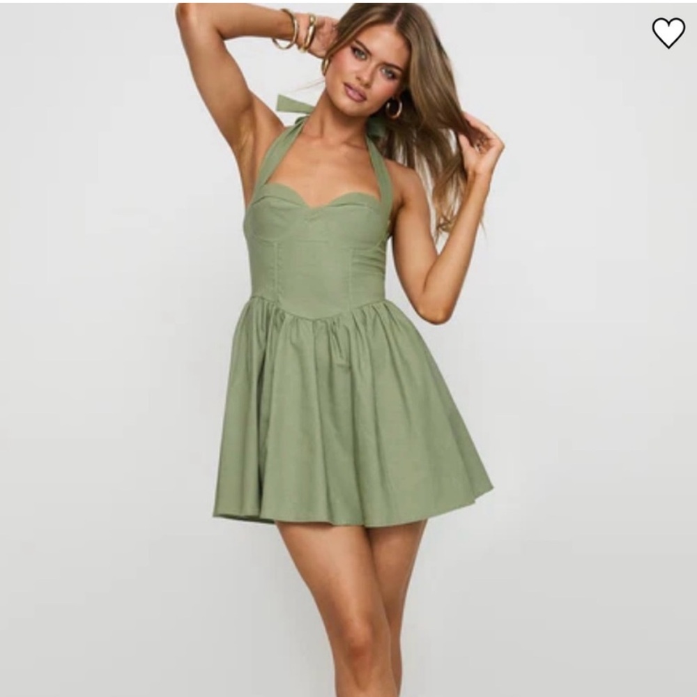 Princess Polly Lyle Mini Dress Linen Blend Halter Neck Dress Sage Green Size 6